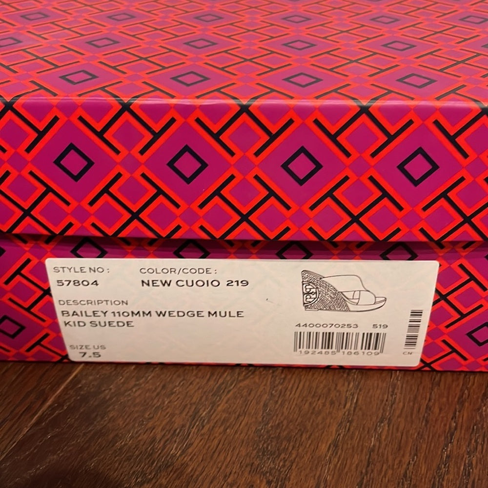 NWT Tory Burch Women’s Bailey 110MM Wedge Mule Tan Suede Size 7.5