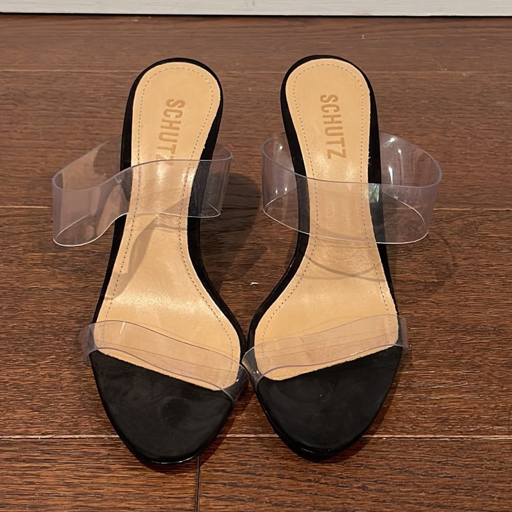 Schutz Women’s Ariella Clear and Black Sandals Size 8