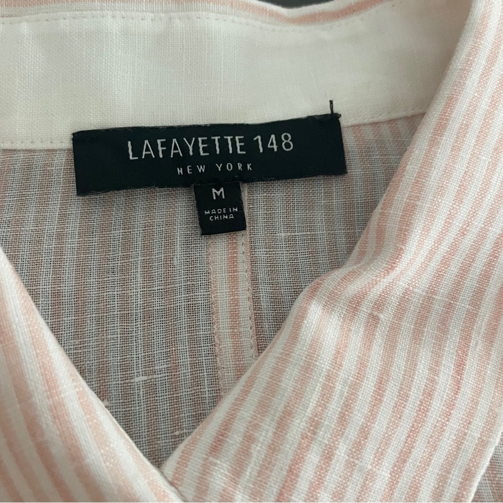 Lafayette 148 Women’s Pink and White Linen Striped Shirt Size Medium
