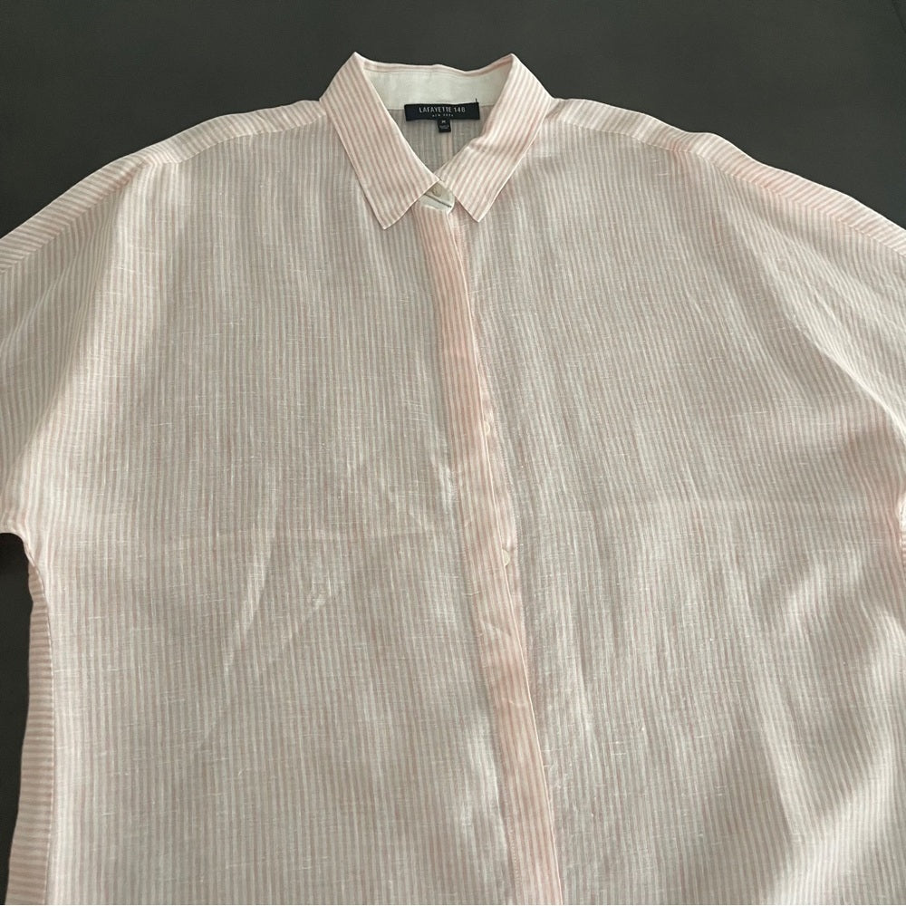 Lafayette 148 Women’s Pink and White Linen Striped Shirt Size Medium