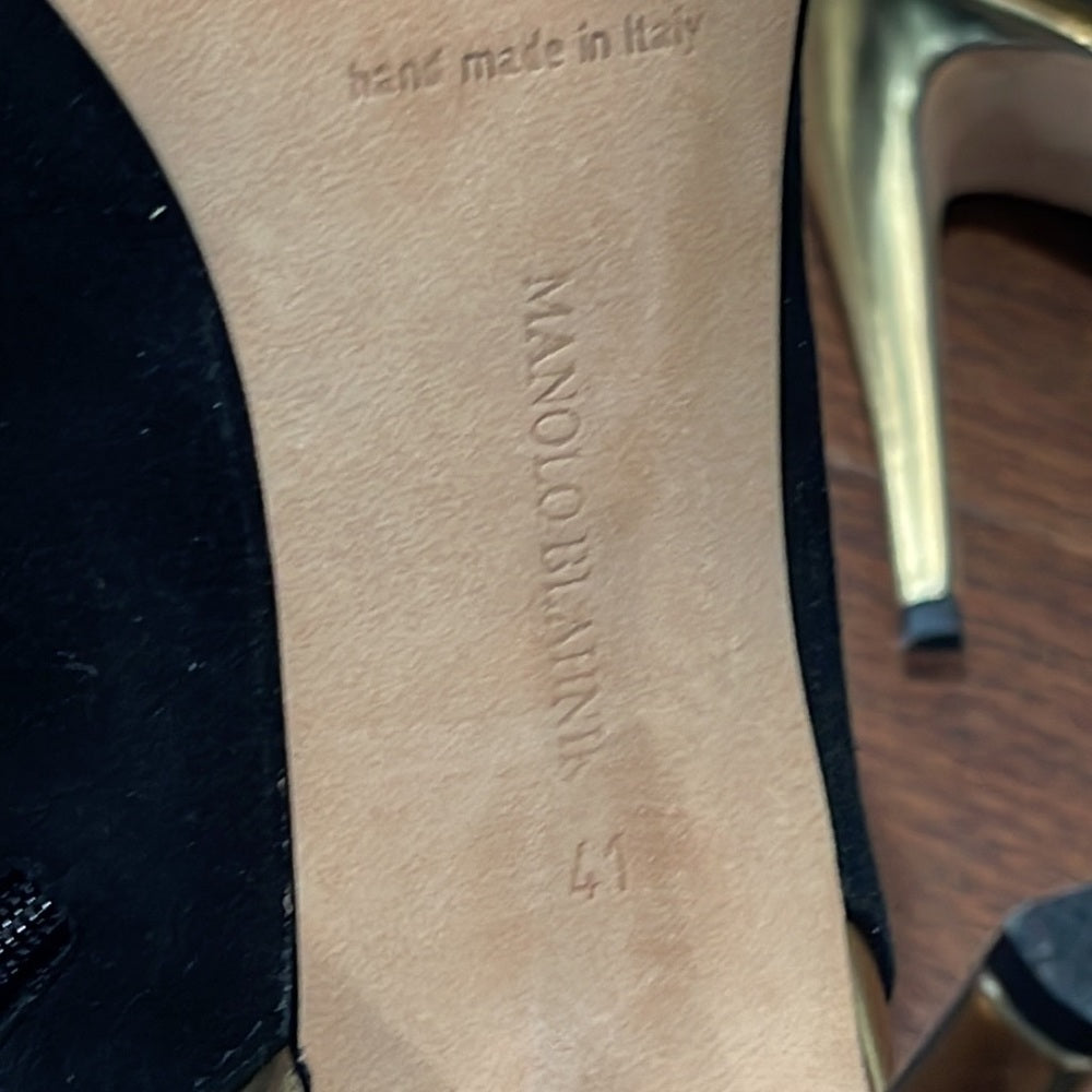 Manolo Blahnik Women’s Black Suede and Gold Booties Size 41/11