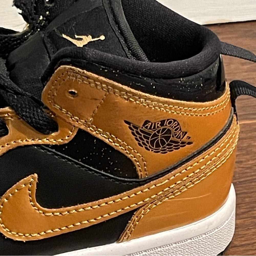 Nike Air Jordan Mid 1 Kids Gold and Black Sneakers Size 13.5