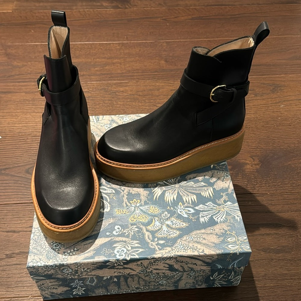 Ulla Johnson Lennox Flatform Black Leather Ankle Boots Size 37.5/7.5