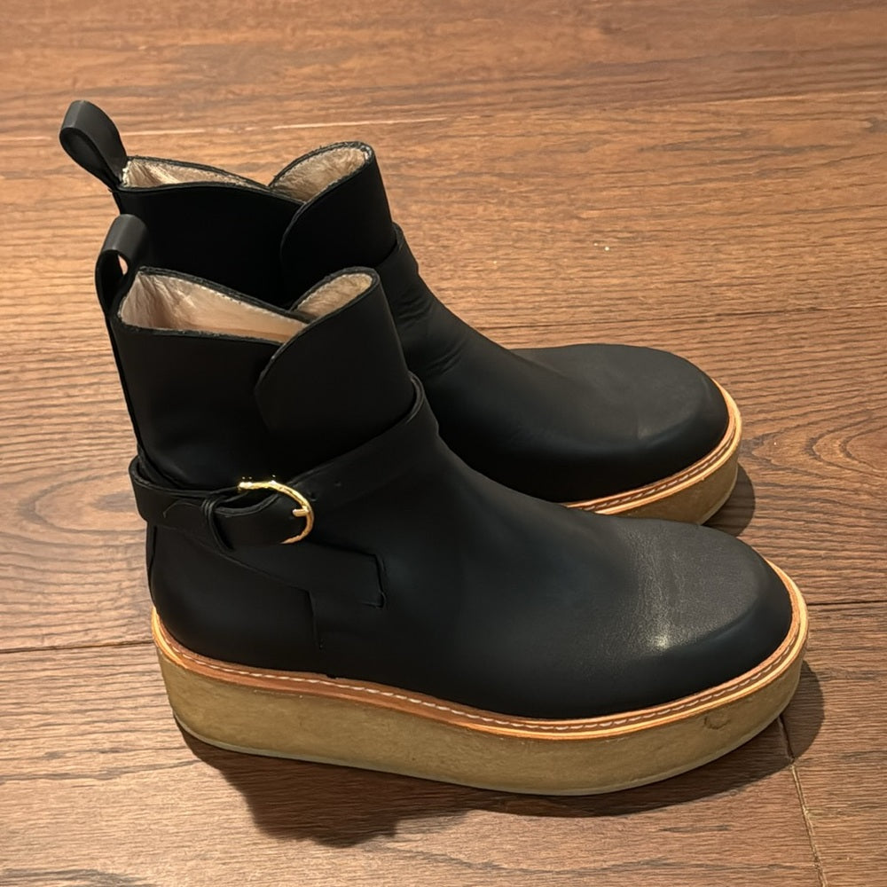 Ulla Johnson Lennox Flatform Black Leather Ankle Boots Size 37.5/7.5