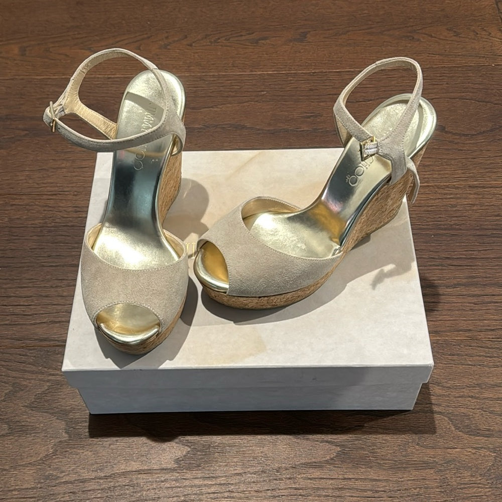 Jimmy Choo Perla Suede/Cork Wedge Sandals Size 38/8