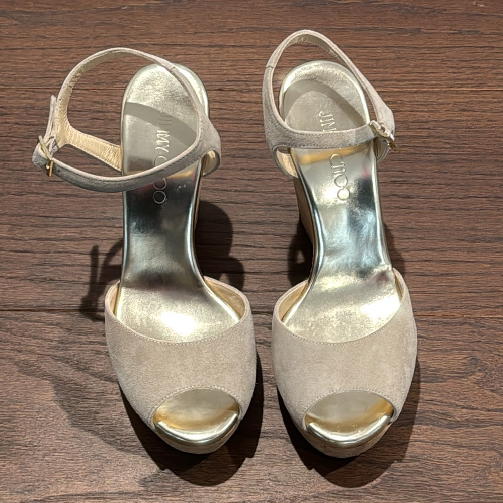 Jimmy Choo Perla Suede/Cork Wedge Sandals Size 38/8