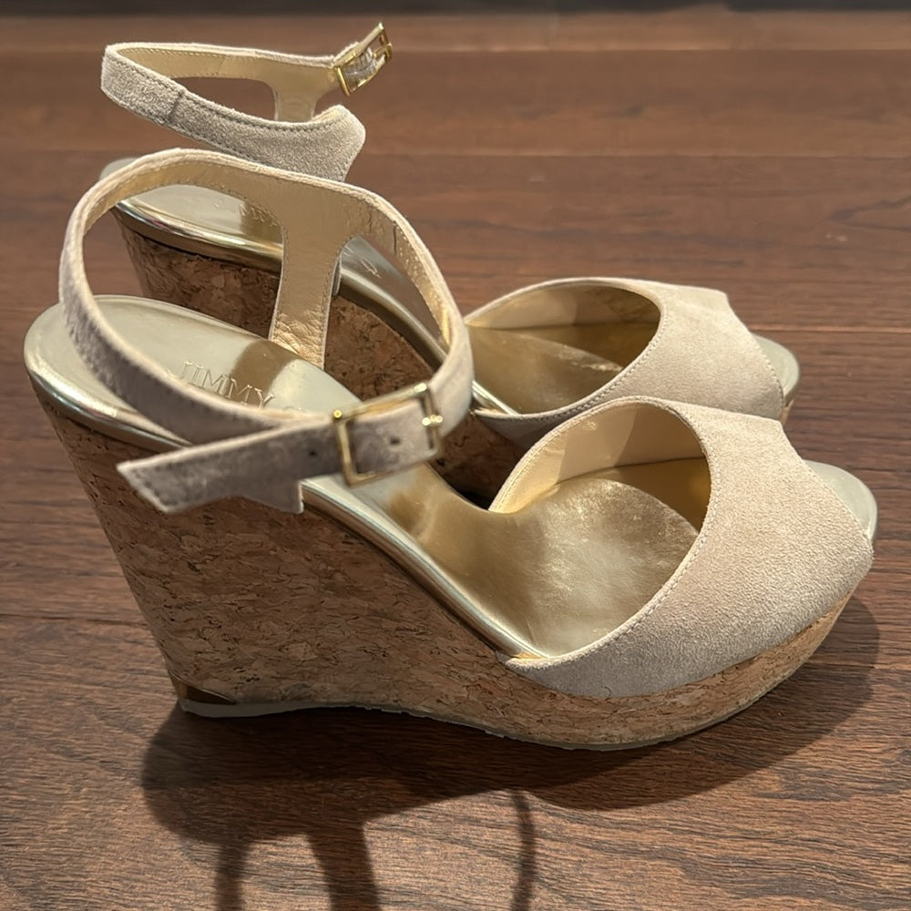Jimmy Choo Perla Suede/Cork Wedge Sandals Size 38/8