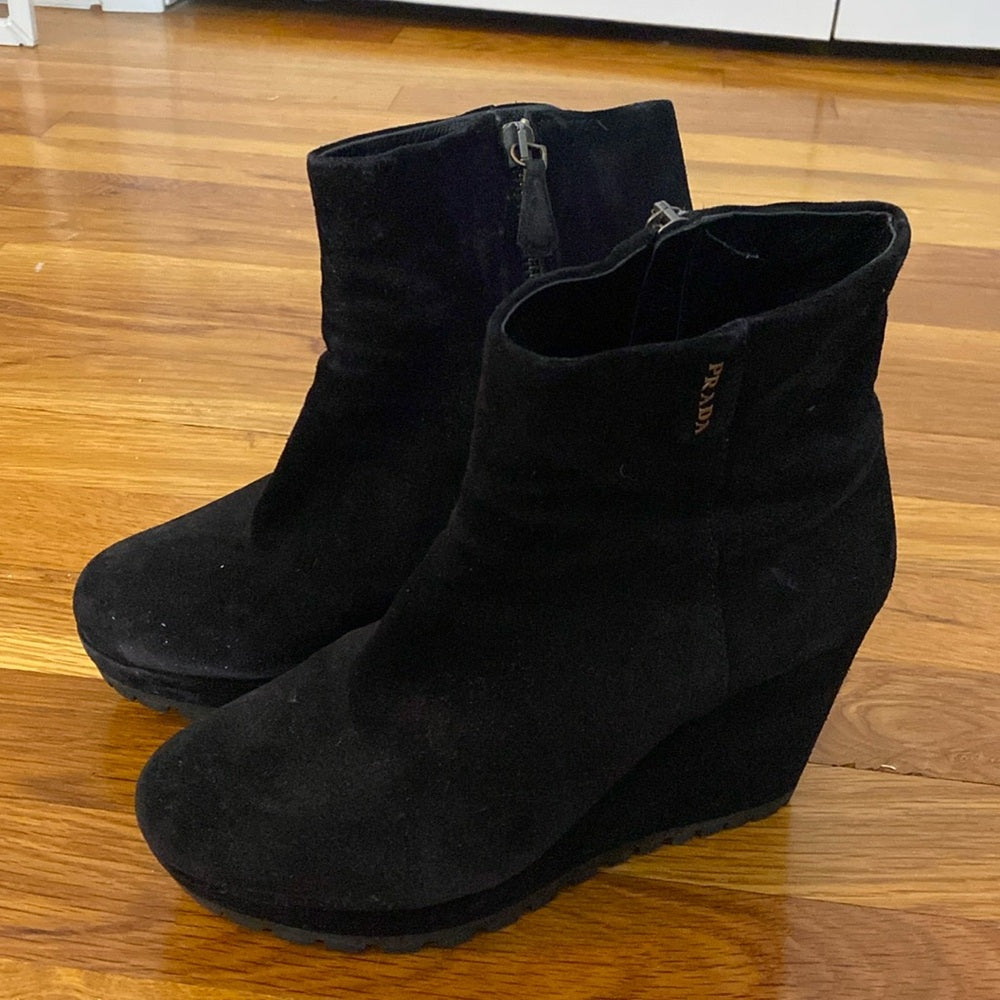 Prada Women’s Black Velvet Wedge Booties Size 36.5