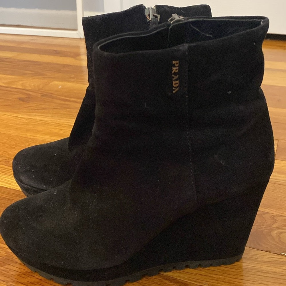 Prada Women’s Black Velvet Wedge Booties Size 36.5