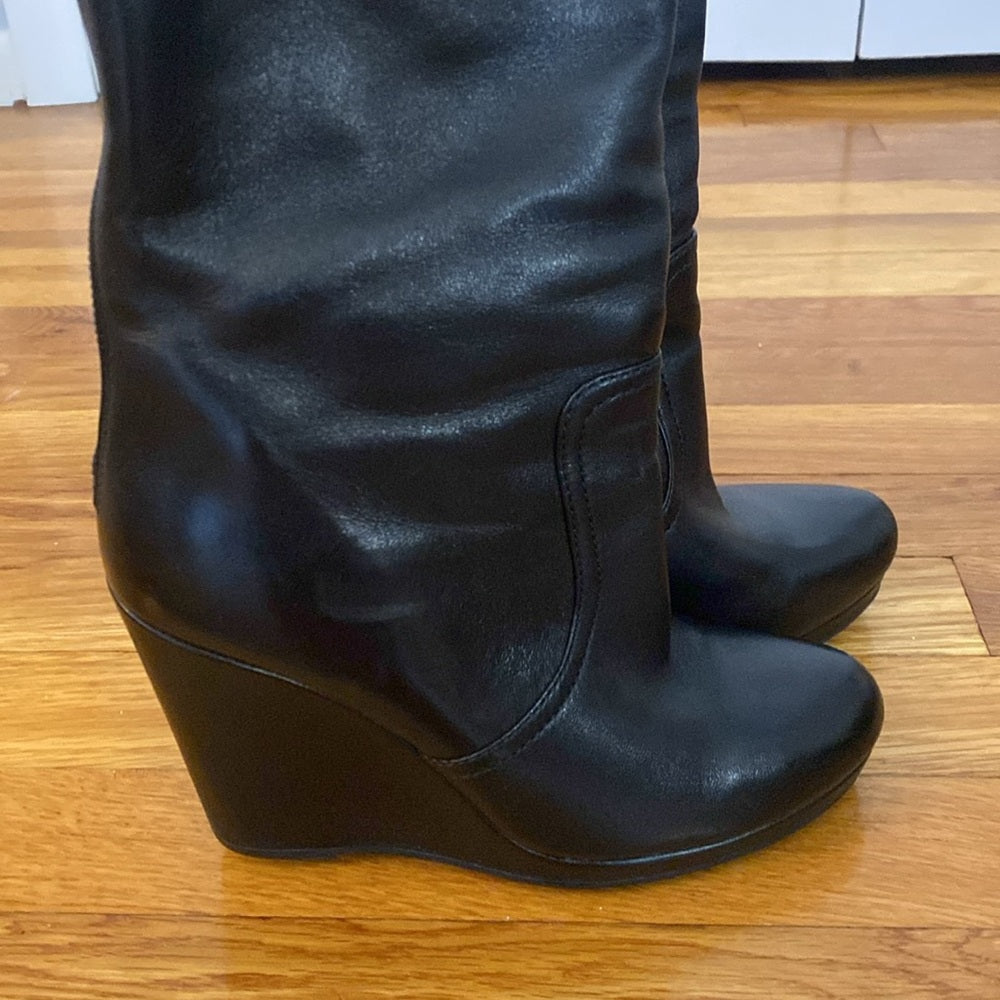 Prada Women’s Black Leather Knee High Wedge Boots Size 37.5