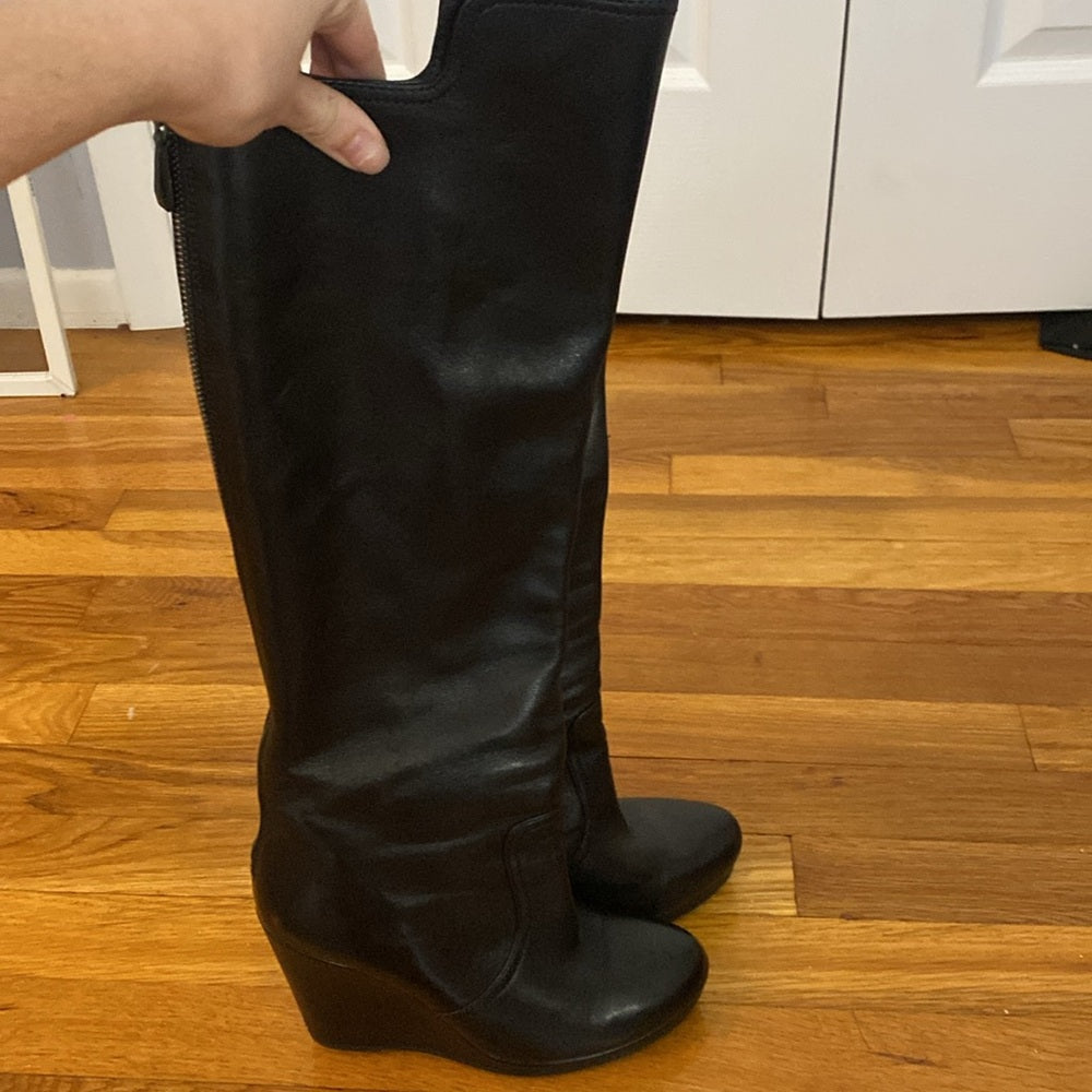 Prada Women’s Black Leather Knee High Wedge Boots Size 37.5