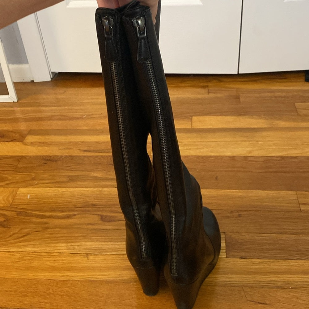 Prada Women’s Black Leather Knee High Wedge Boots Size 37.5