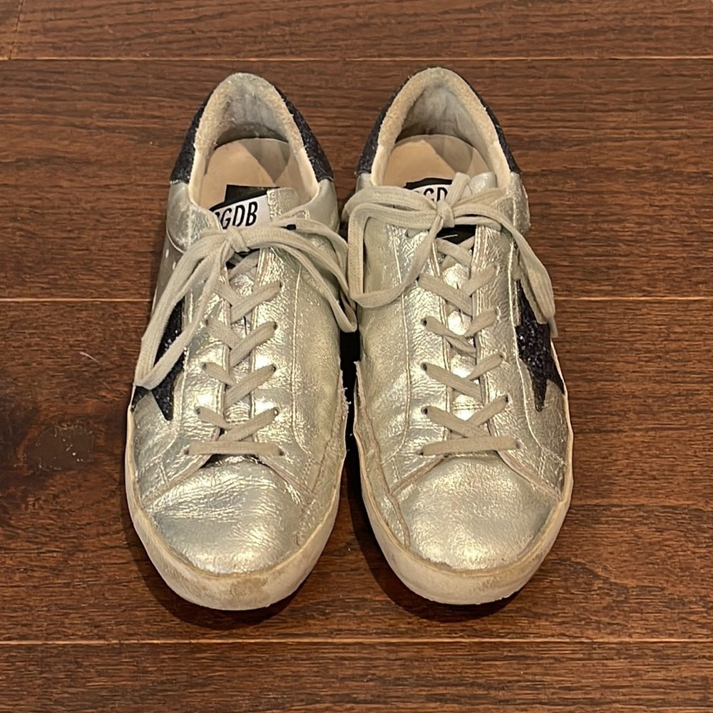 Golden Goose Silver and Blue Glitter Mid Star Sneakers Size 38/8