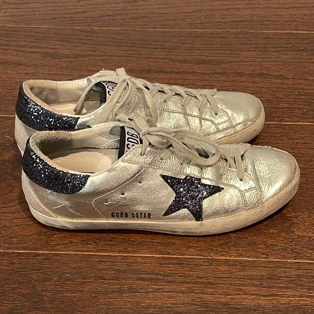 Golden Goose Silver and Blue Glitter Mid Star Sneakers Size 38/8