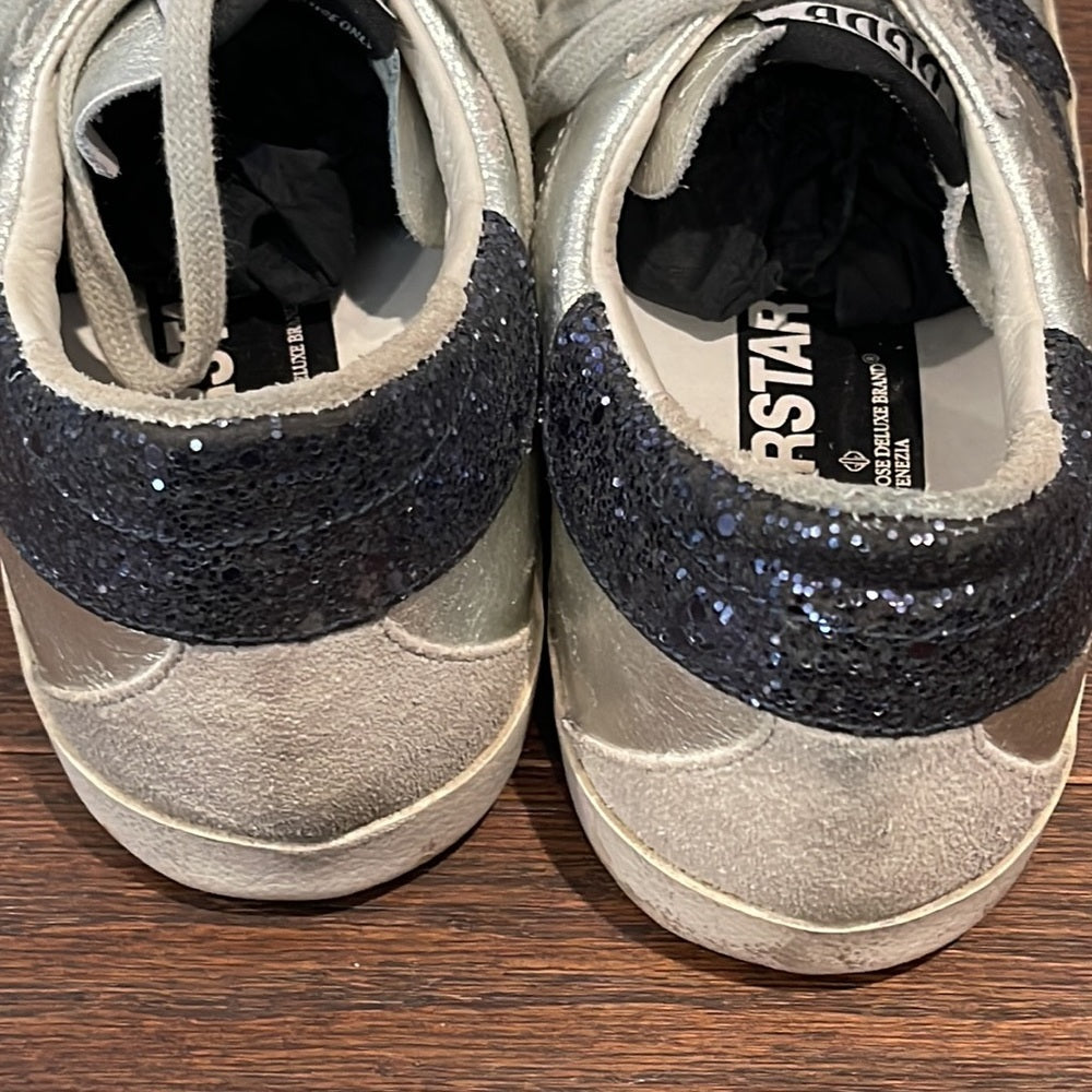Golden Goose Silver and Blue Glitter Mid Star Sneakers Size 38/8