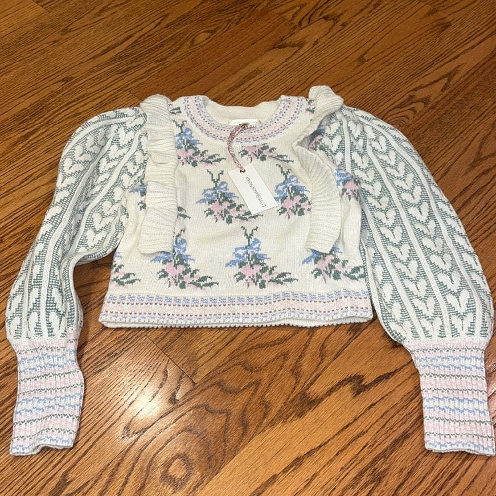 NWT LoveShackFancy Woman’s Warwick Pullover Dew Drop Cream Multi Size XS