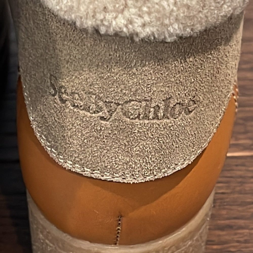 See by Chloe Taupe/Grey/Beige Crosta Genuine ShearlingTrimmed Boot Size 36/6