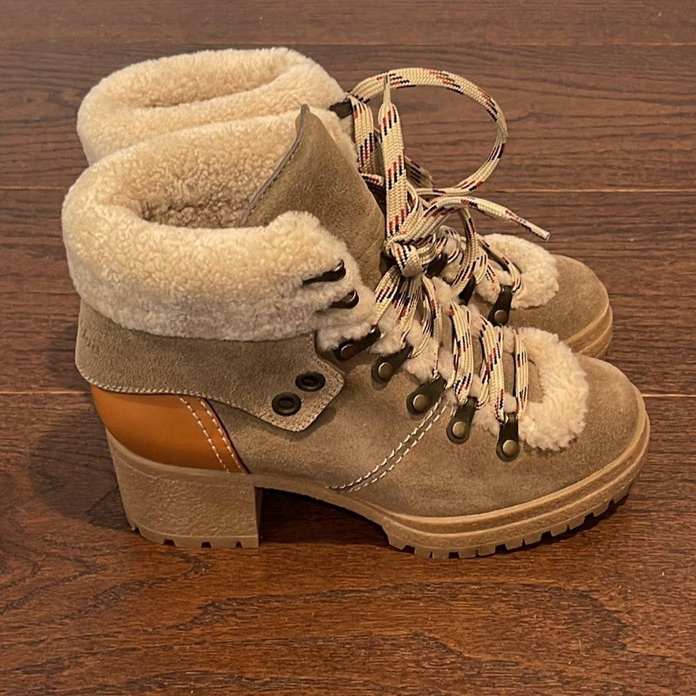 See by Chloe Taupe/Grey/Beige Crosta Genuine ShearlingTrimmed Boot Size 36/6