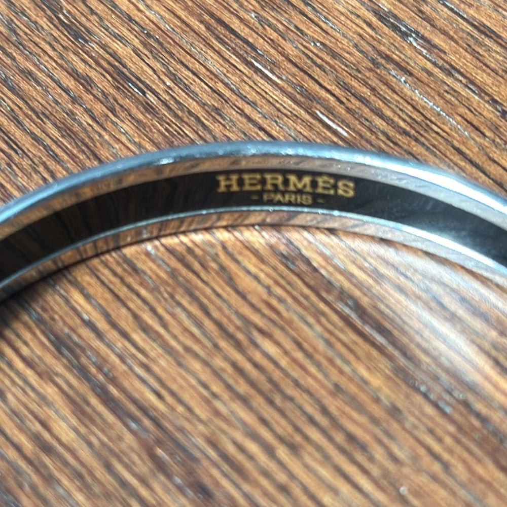 Hermes Silver and Grey Enamel Thin Bangle Bracelet