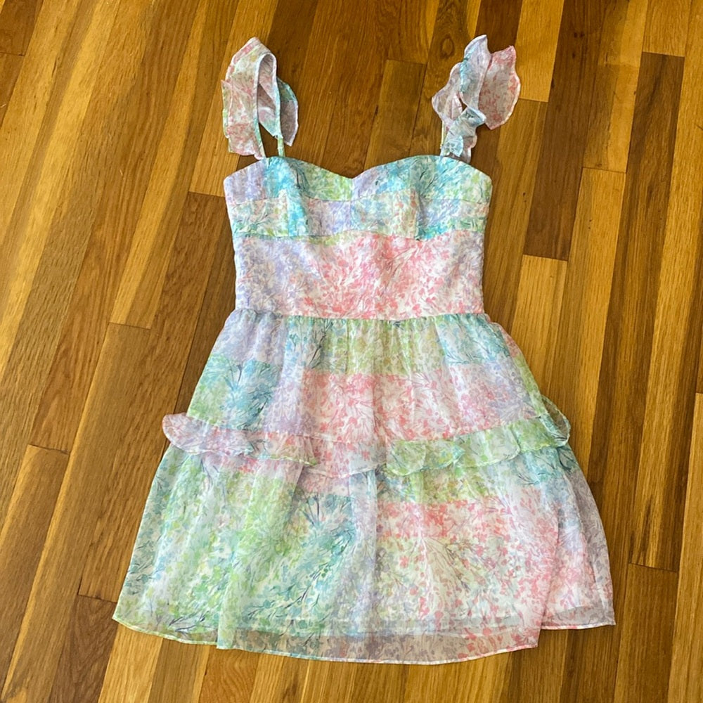 Amanda Uprichard Women’s Pink and Green Dress With Ruffle Sleeves Size S