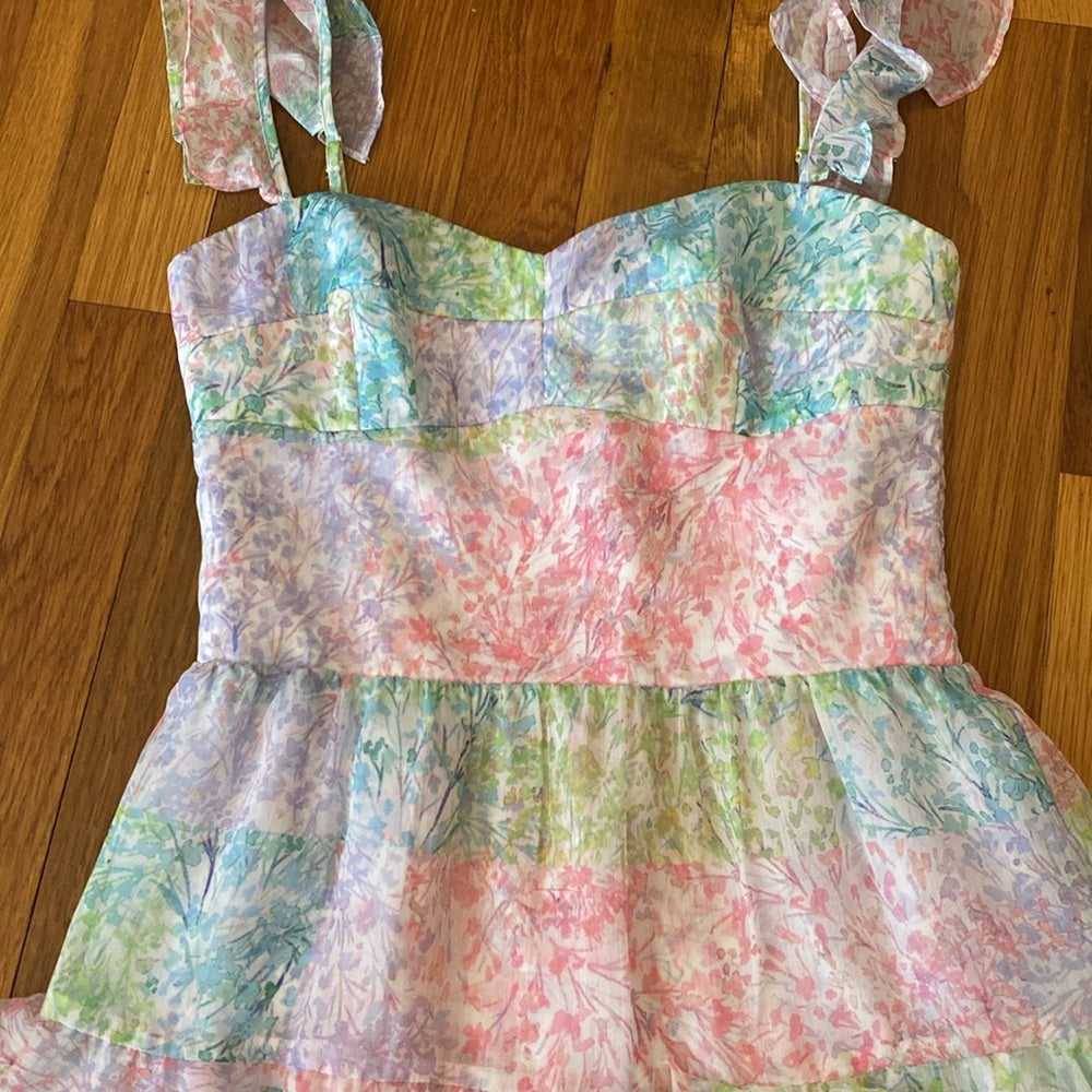 Amanda Uprichard Women’s Pink and Green Dress With Ruffle Sleeves Size S