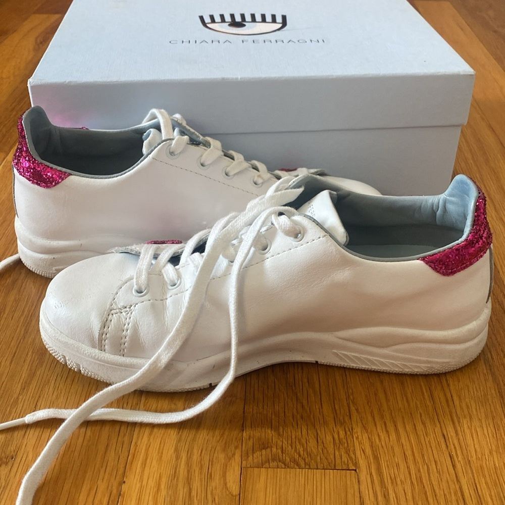 Chiara Ferragni Women’s White Sneakers With Pink Sequin Hearts Size 39