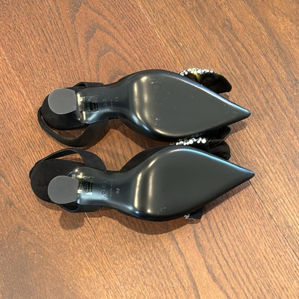 NWT M. Gemi The Mia Fiocco Black Suede Crystal Bow Sling Back Heels Size 38/7.5