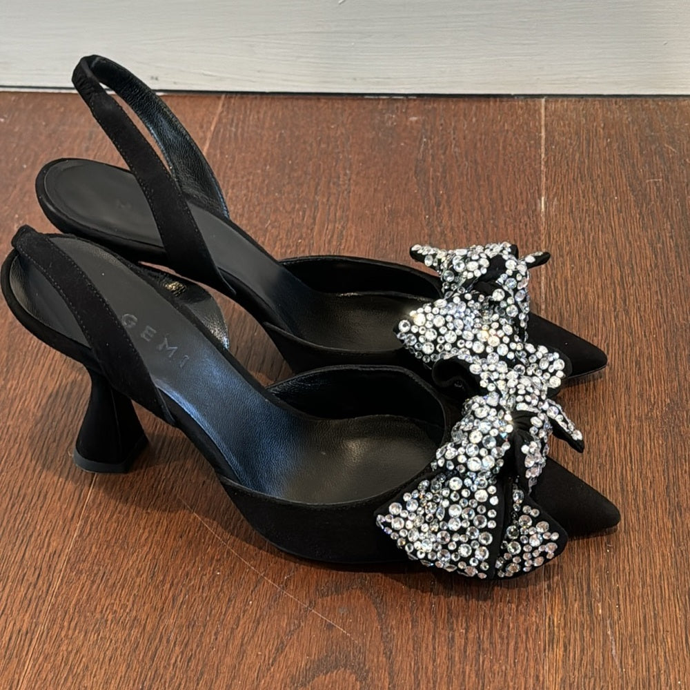 NWT M. Gemi The Mia Fiocco Black Suede Crystal Bow Sling Back Heels Size 38/7.5