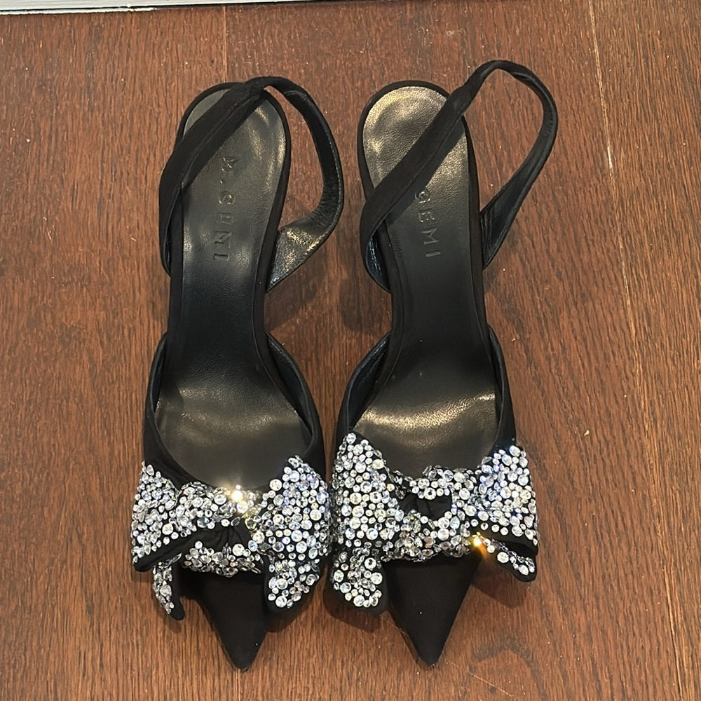 NWT M. Gemi The Mia Fiocco Black Suede Crystal Bow Sling Back Heels Size 38/7.5