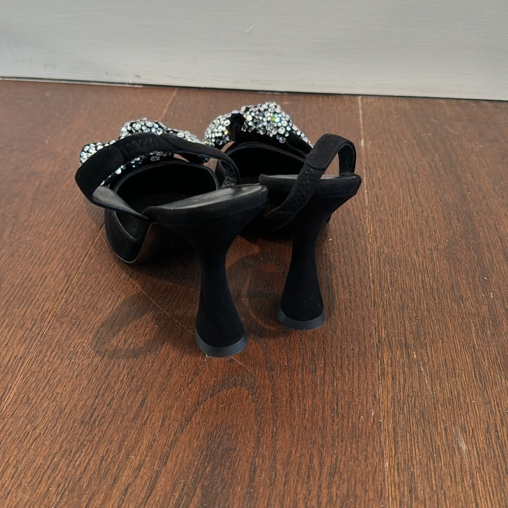 NWT M. Gemi The Mia Fiocco Black Suede Crystal Bow Sling Back Heels Size 38/7.5