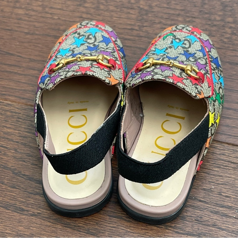 Gucci Girls Princetown GG Supreme Rainbow Star Horsebit Mule Slide Size 24/8