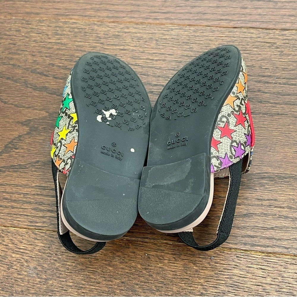 Gucci Girls Princetown GG Supreme Rainbow Star Horsebit Mule Slide Size 24/8