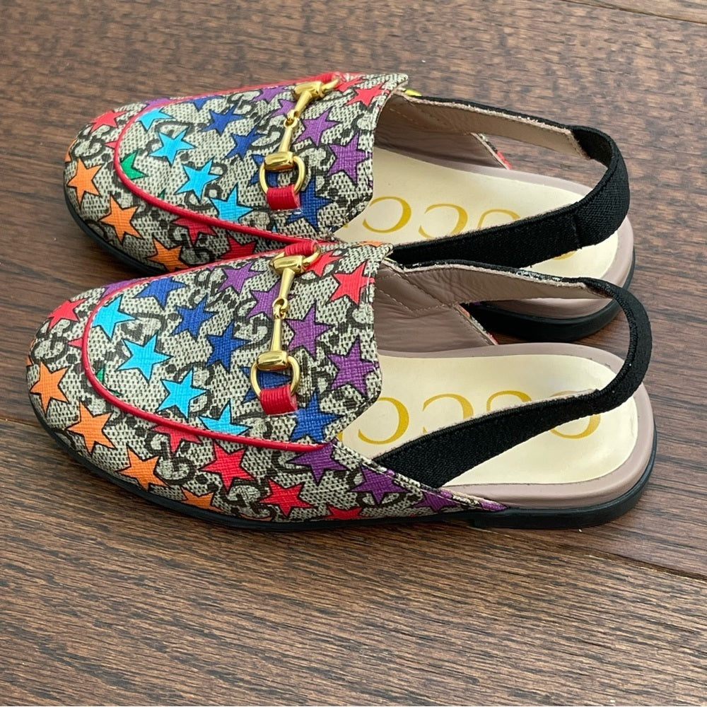 Gucci Girls Princetown GG Supreme Rainbow Star Horsebit Mule Slide Size 24/8