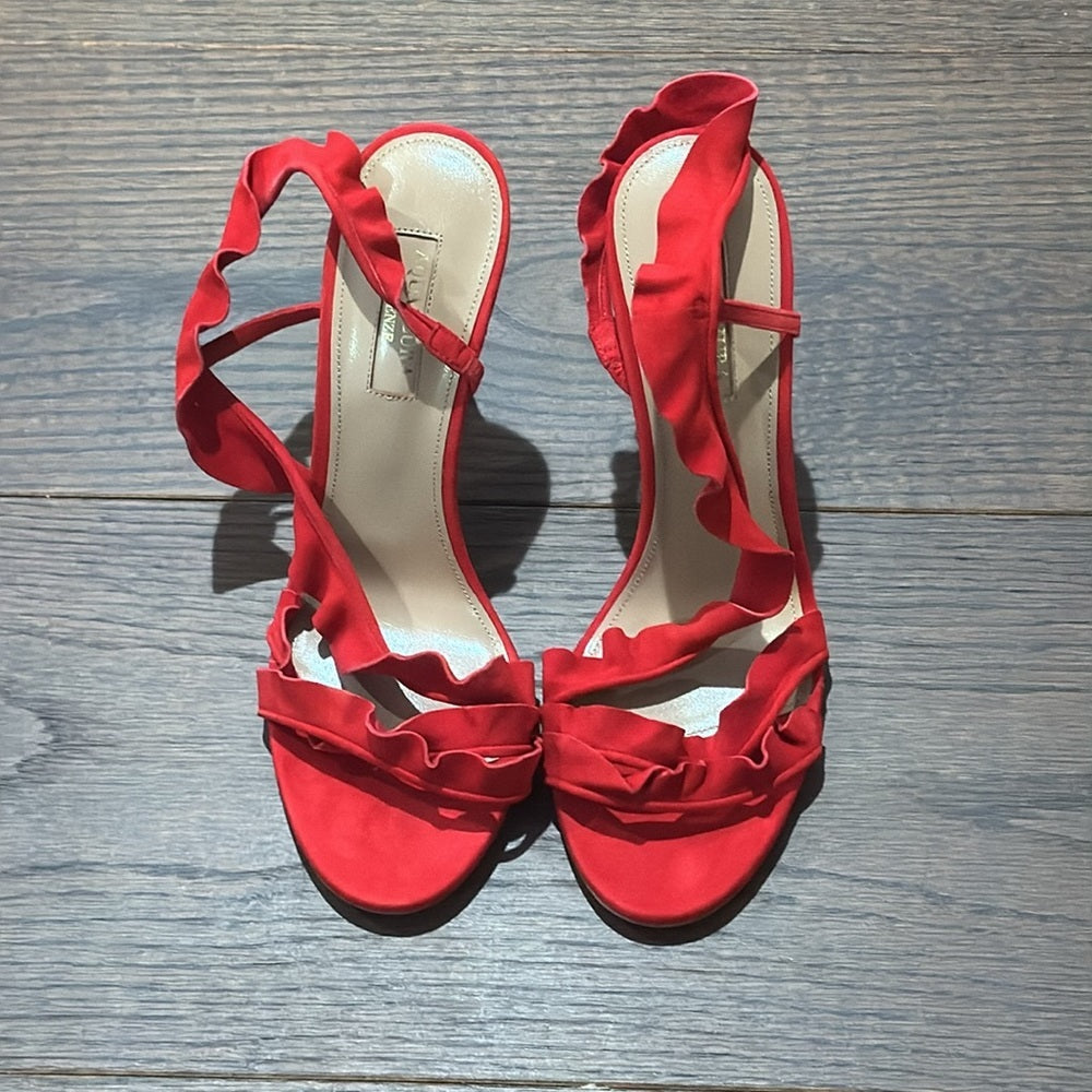 NWT Aquazzura Ruffle Red Lipstick Suede Sandal Size 37.5/7.5