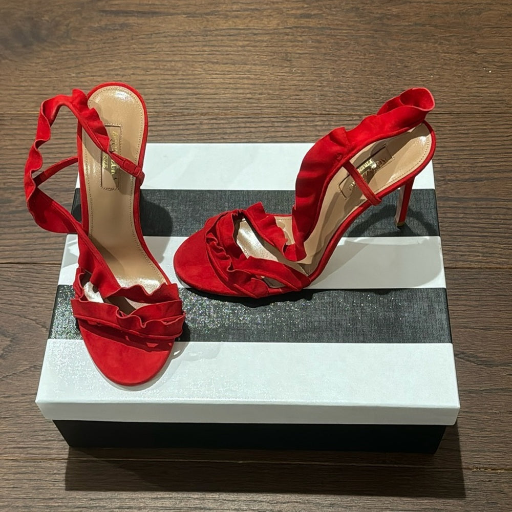 NWT Aquazzura Ruffle Red Lipstick Suede Sandal Size 37.5/7.5