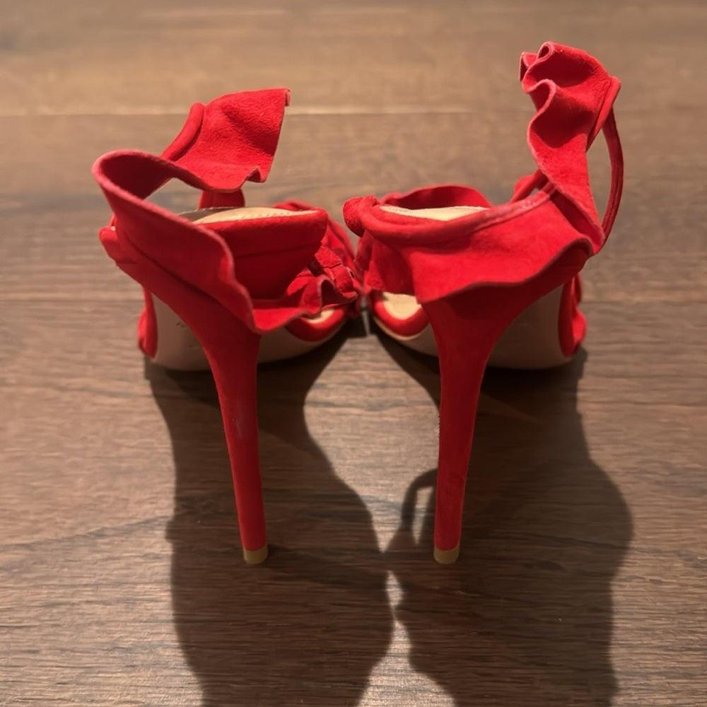 NWT Aquazzura Ruffle Red Lipstick Suede Sandal Size 37.5/7.5