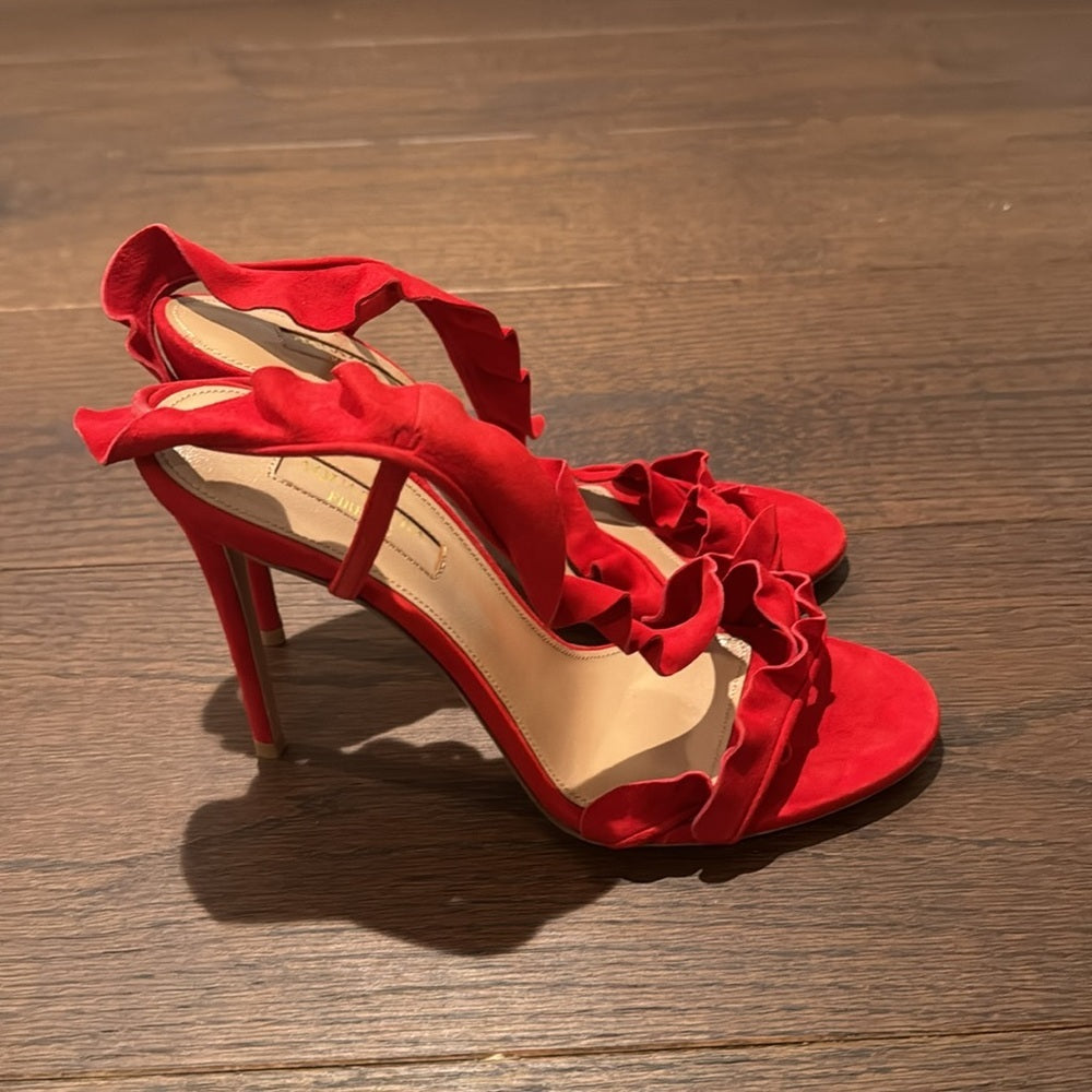 NWT Aquazzura Ruffle Red Lipstick Suede Sandal Size 37.5/7.5
