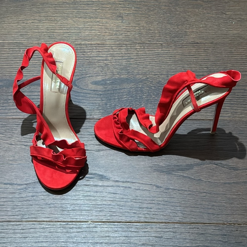 NWT Aquazzura Ruffle Red Lipstick Suede Sandal Size 37.5/7.5