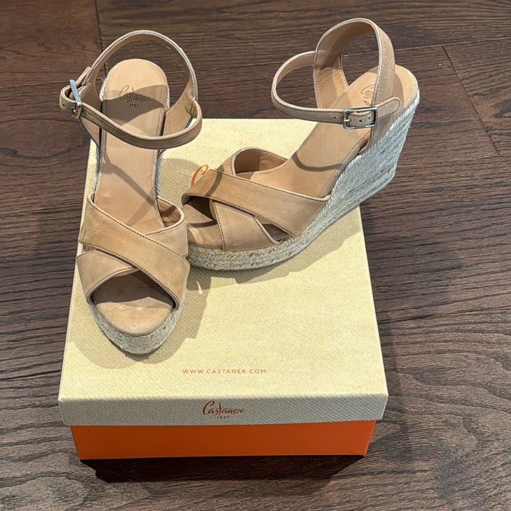 Castaner Blaudell Camel Suede Wedge Sandal Size 37 US 6.5