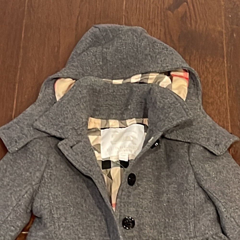Burberry Girls Grey Wool Hooded Jacket Size 5