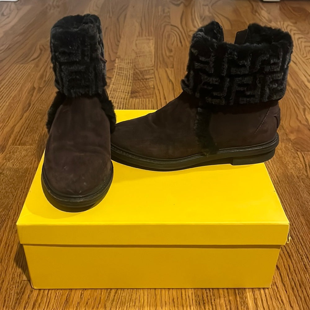 Fendi Woman’s Brown and Black Zucca FF Fur and Suede Ankle Boots Size 36.5