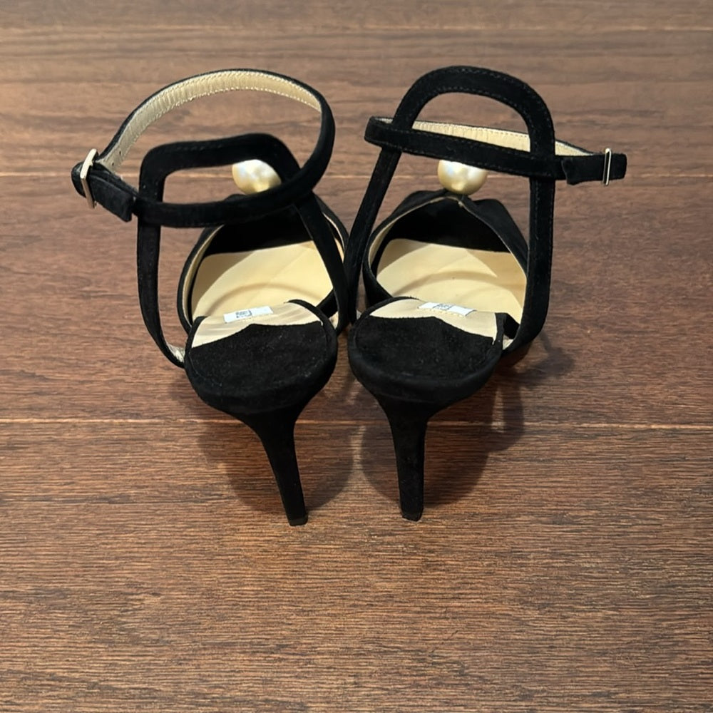 NWT Jimmy Choo Women's Black Suede Sacora 85 Embellished Heel Sandals Size 38.5