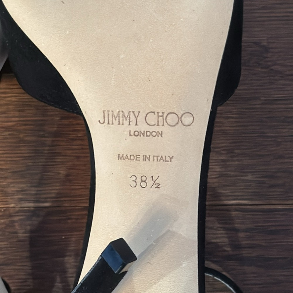 NWT Jimmy Choo Women's Black Suede Sacora 85 Embellished Heel Sandals Size 38.5