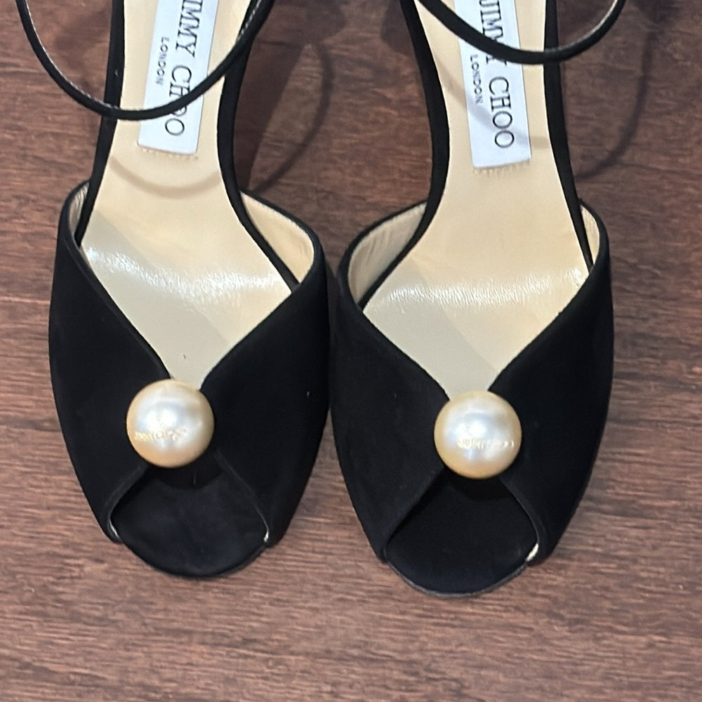 NWT Jimmy Choo Women's Black Suede Sacora 85 Embellished Heel Sandals Size 38.5