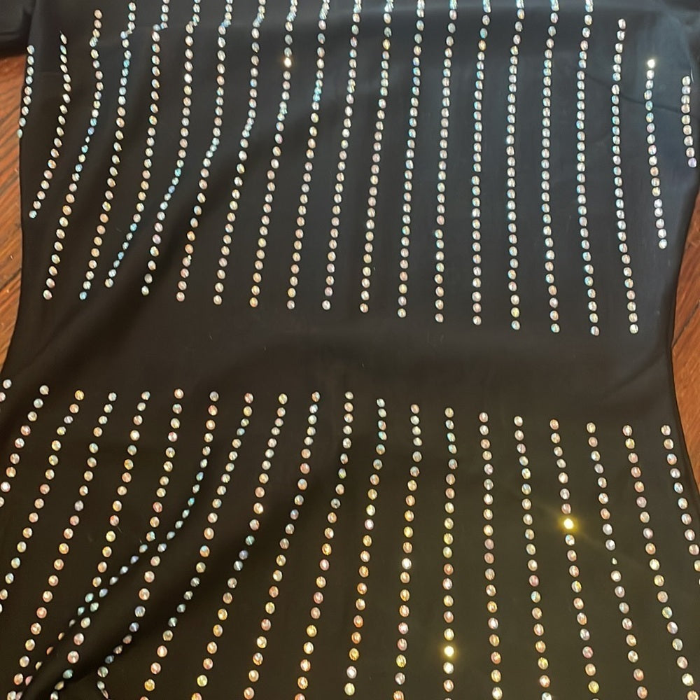 Women’s Black long sleeve body con dress with slit and rhinestone details Size S