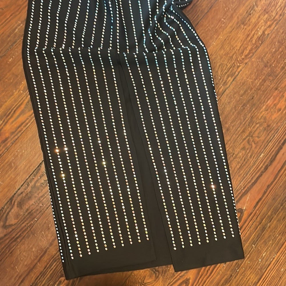 Women’s Black long sleeve body con dress with slit and rhinestone details Size S