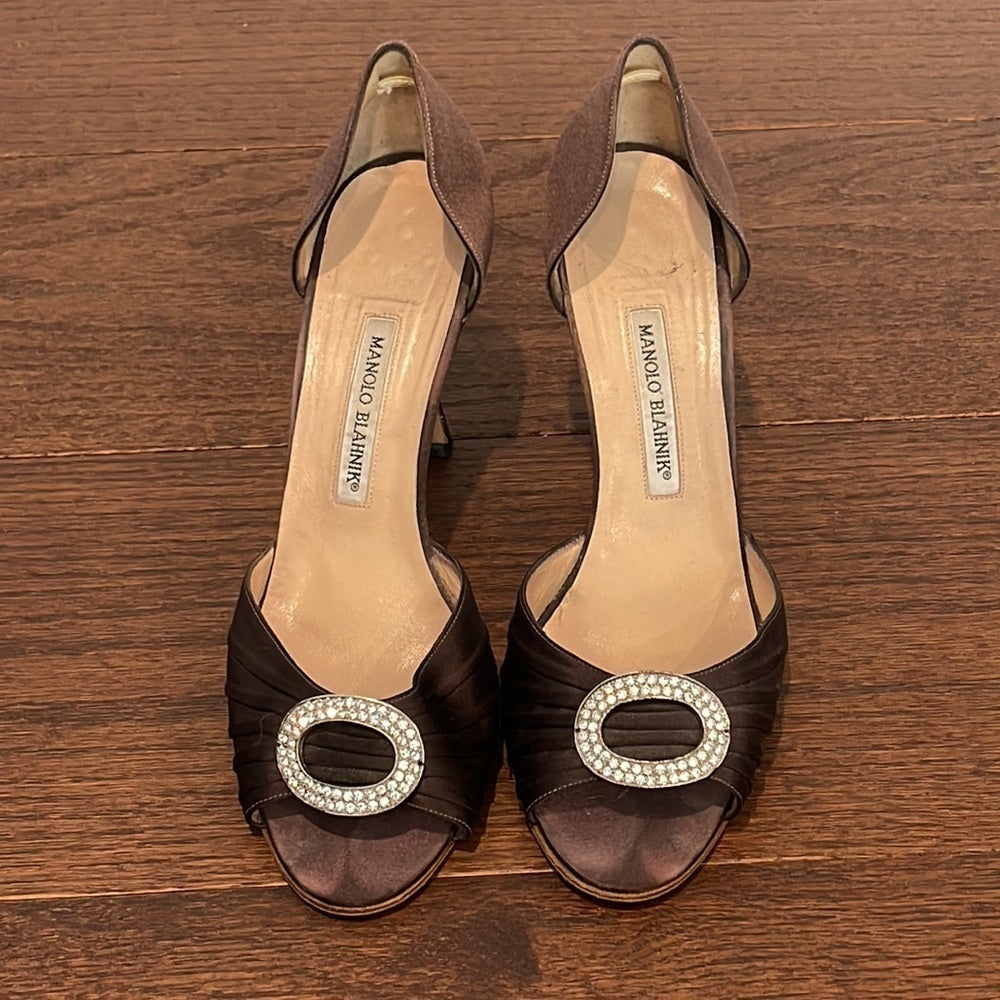 Manolo Blahnik Women Rhinestone Buckle Deep Eggplant Satin Dress Heel Size 41/11