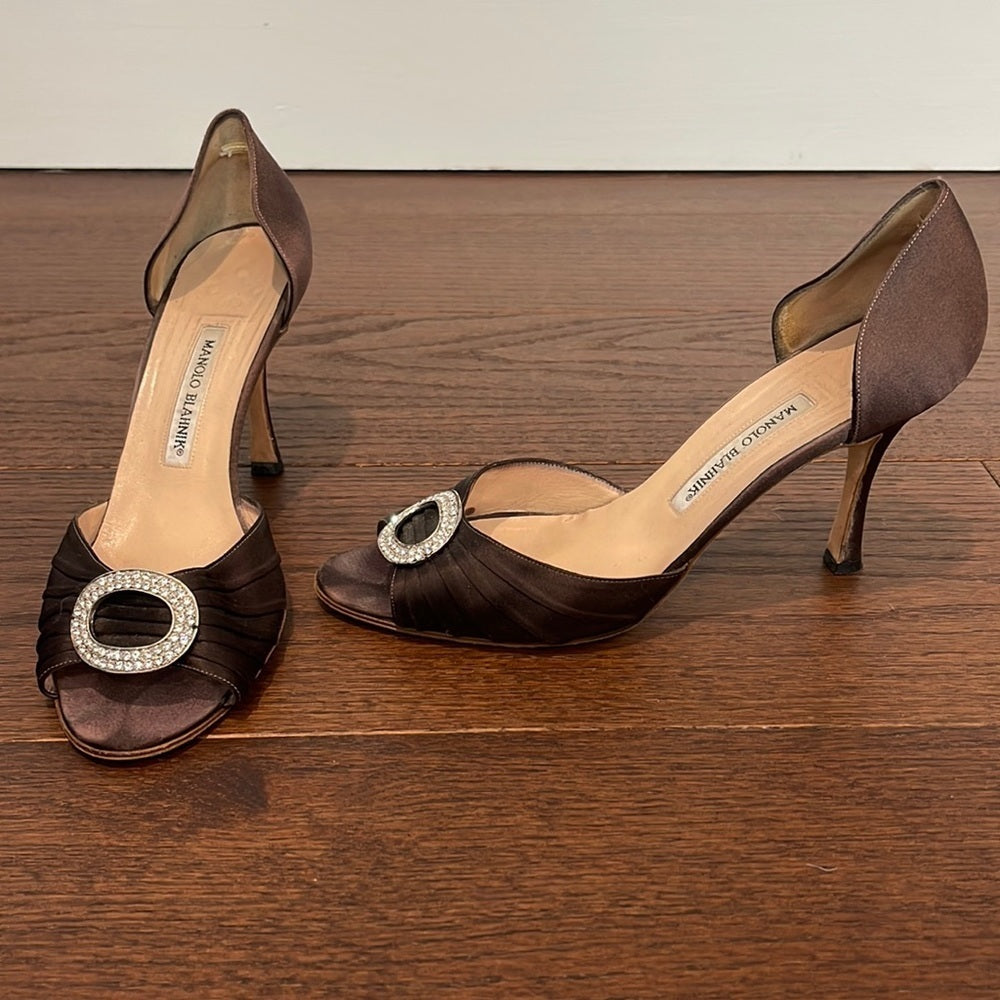 Manolo Blahnik Women Rhinestone Buckle Deep Eggplant Satin Dress Heel Size 41/11