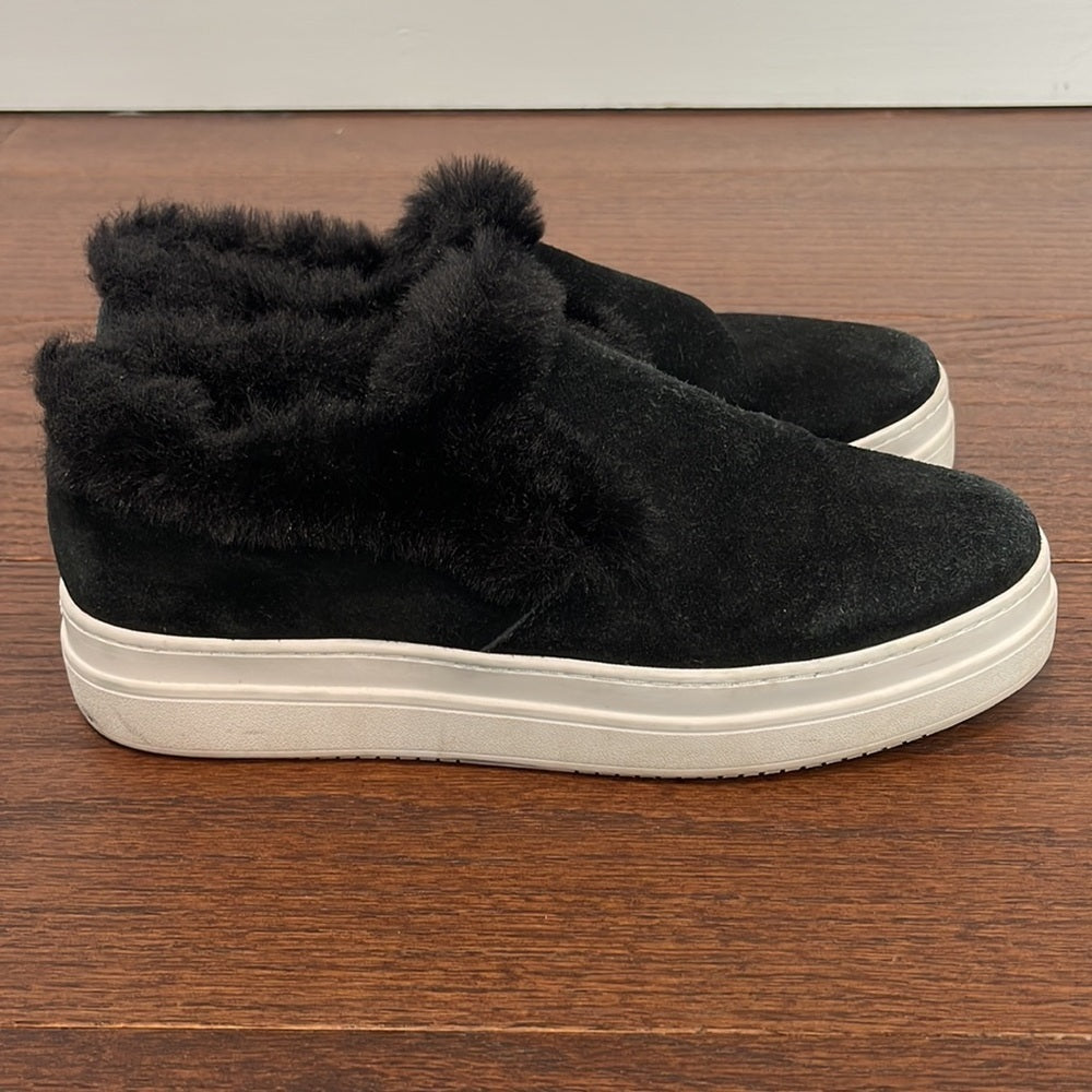 J/SLIDES Women’s Black Platform Suede and Fur Trim Slip On Shoes Size 10