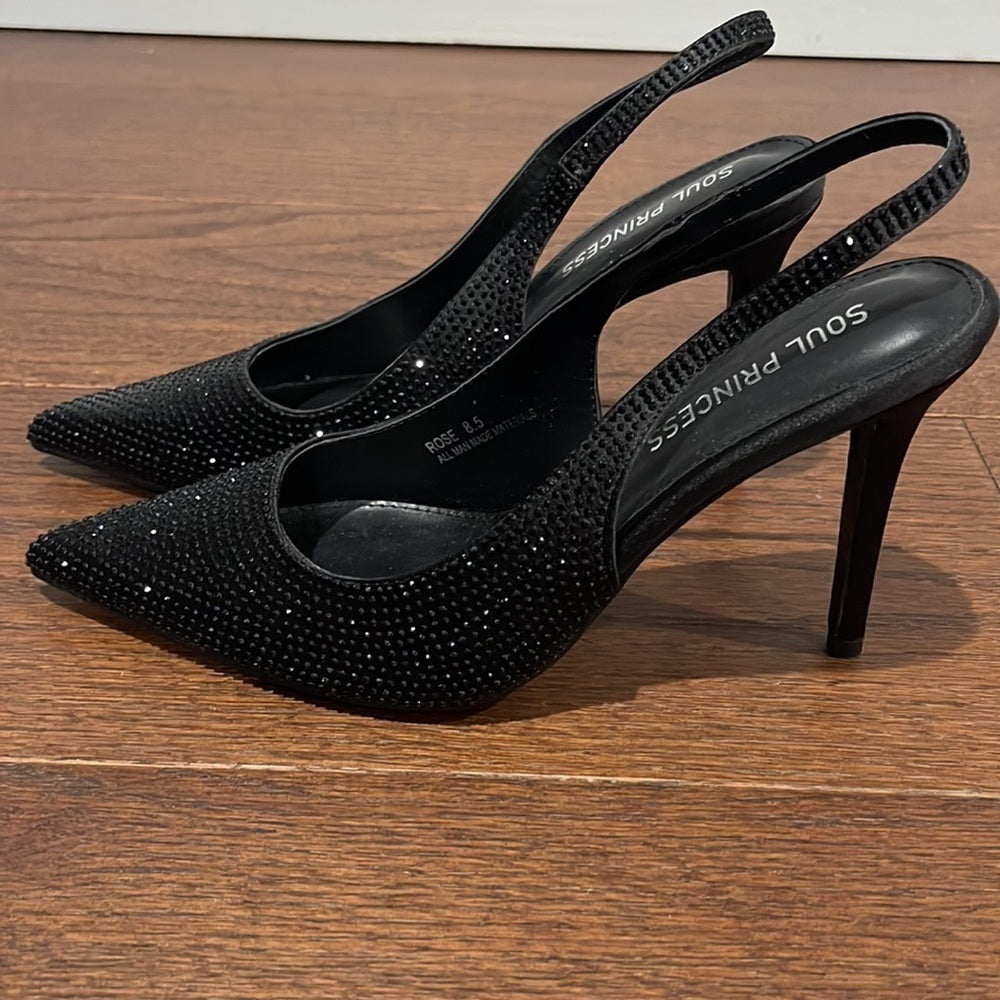 Soul Princess Women’s Black Rhinestone Slingback Heels Size 8.5